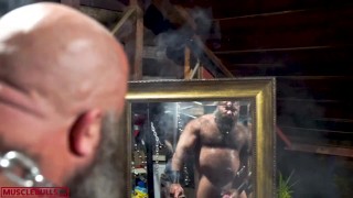HUGE DICK MUSCLE SMOKING CIGAR AND STROKING HIS FAT HOG IN MIRRORS