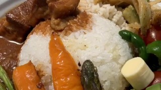 Shohei cooking Curry with grilled pork and vegetable
