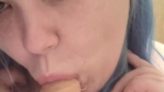 Close up dildo bj with cute young face and colored hair
