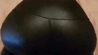 Cumming over petite babes sexy ass in shiny black spandex leggings!