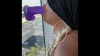 Ebony step sister caught practicing sloppy deepthroat on dildo