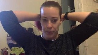 Shaved head fetish girl shaves her own head