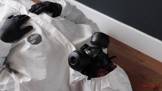 rubber gloves gasmask cock pumping handjob cum on mask hazmat suit