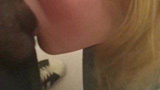 Blond teen face fucked on knees in bedroom