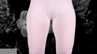 Cameltoe of a woman on fitness without underwear with pussy showing thrue