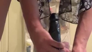 Ebony uses three different toys for double penetration while home alone 