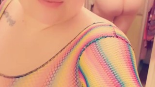 Round ass Curvy Latina feeling sexy in rainbow fishnet top and thong