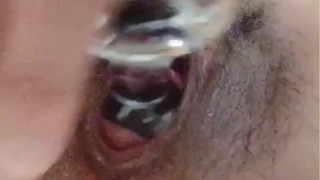 Pussy tunnel opening after 12 hours plug training 