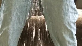 Pissing through the fly of my pants like a man 