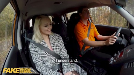 Fake Driving School Blonde Marilyn Sugar in ebony Stockings Sex in Car