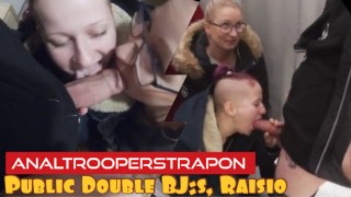 Public double blowjob: Mouthful of salty meatballs