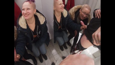 Public double blowjob: Mouthful of salty meatballs