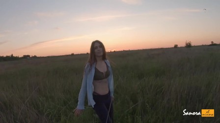 blowjob on the airfield from a charming brunette