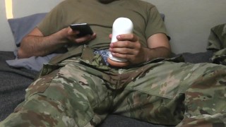 Soldier uses a fleshlight and creampies it