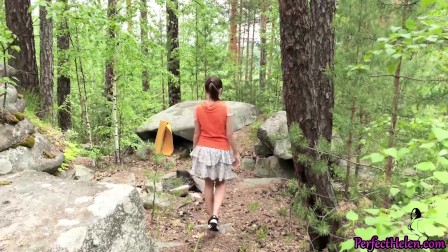 Brunette Hard Pussy Fuck Stranger Outdoor and Creampie in the Forest