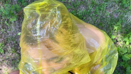 Girl in pvc raincoat suck dick in the forest