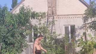 Since there was no rain, I water the garden.