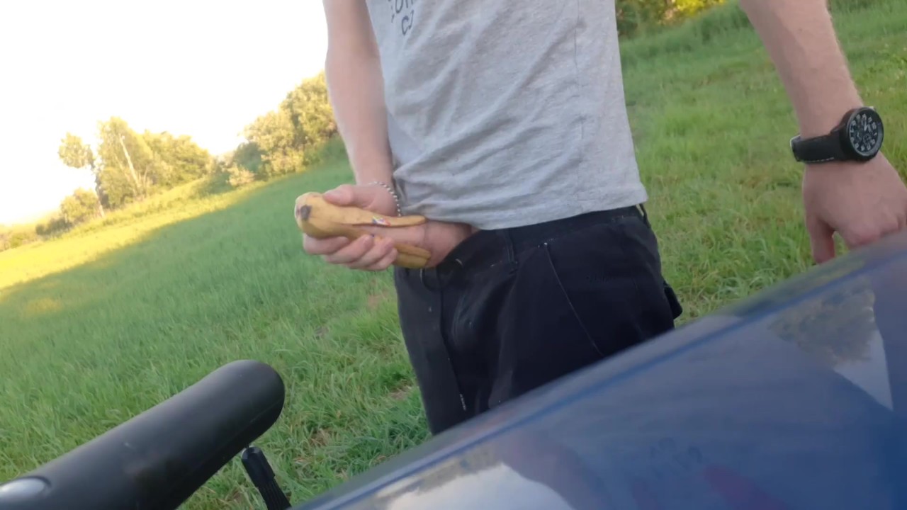 The boy powerfully pissed and fucked a banana