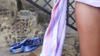 pissing outdoors in shorts