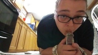 Chubby Girl Sucks in the Kitchen Cuffed