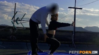 BUSTY Monica fucks trainer in the rooftop. She loves quarantine!