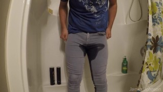 Guy Pees Himself (Fully Clothed In the Shower)