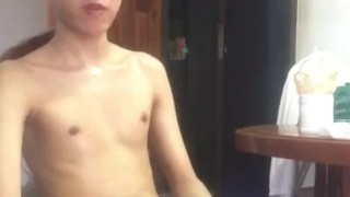Horny boy jerking off his curved cock and explode intense cumsot