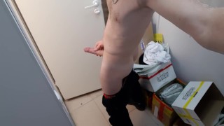 Fingering cock in the back room during lunch