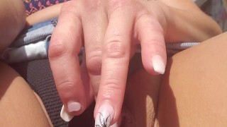Blonde Big Fake Boobs Tanning Outside Smoking a Cig Playing with My Wet Pussy 