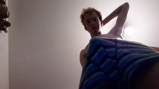 Skinny teen has a massive bulge while wearing his boxers 