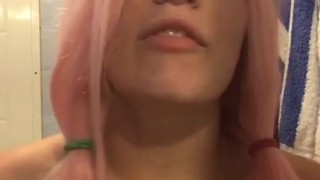 will you give this pink haired girl BEGING for CUM on her face WHILE rubbing her tits