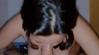 Latina girlfriend sucking boyfriend's dick until he cums in her face. age sucks him dry.