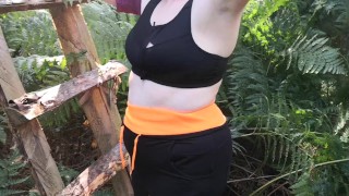 Spank my tits with fir branch in public