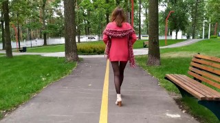 Sluty teen girl walks in the park in a micro dress without panties (upskirt, no panties, stockings)