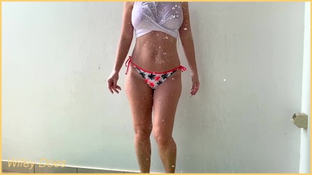 amateur Wife Slow Motion Outdoor Hose Down  Wet Shirt Bikini
