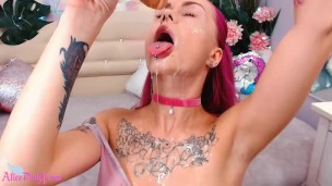 Perfect Babe Deepthroat and Play Pussy Sex Toy and Fills Himself Sperm