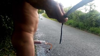 Naked walk in bushes and on road ball weights and penis pump 