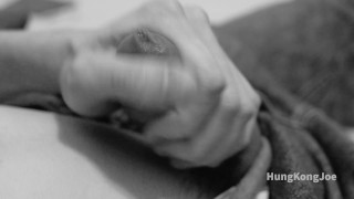 Close-up POV jerking my uncut cock with long foreskin, use cum as lube for a second orgasm