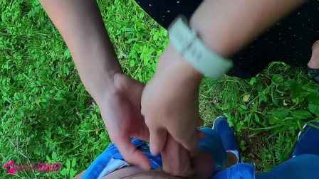 Schoolgirl jerks off and sucks dick to classmate in a public park near the school - POV