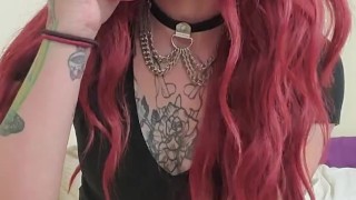 Tattooed Redhead Whore Practices Deepthroating Her Big Pink Dildo