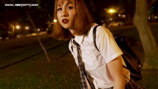 AB028 Asian beauty college take off her panties and show her cock in public - cum 