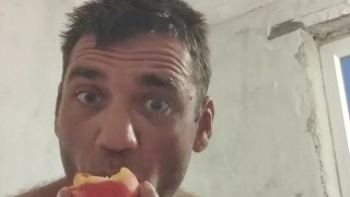 A peach has ripened in the garden.