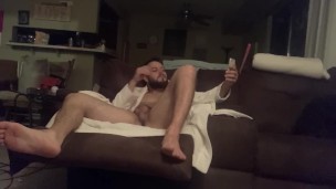Dad finally Jerks Off after stressful day; smokes and strokes cock in his robe