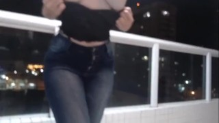 hot girl taking off her perfect body jeans