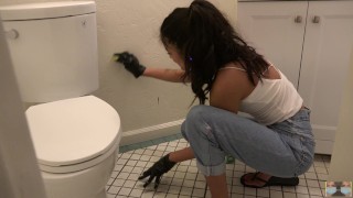 Indian Bhabhi enjoys scrubbing bathroom clean