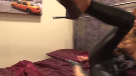 Skintight leathers on the bed leads to such a powerful self pushed orgasm.