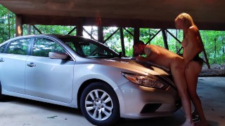 Girl STRAPON GUY Homemade Amateur Pegging- Additional Parking in Rear- Strapon Pegging on car!