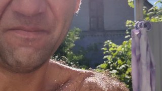 After showering in the garden.