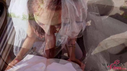 Slutty bride gives sloppy blowjob outdoors and gets squirted in the car - Whorny Films