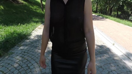 I walk at park without bra, jerk off guy in car, turn him on, but let him cum on me only in evening!